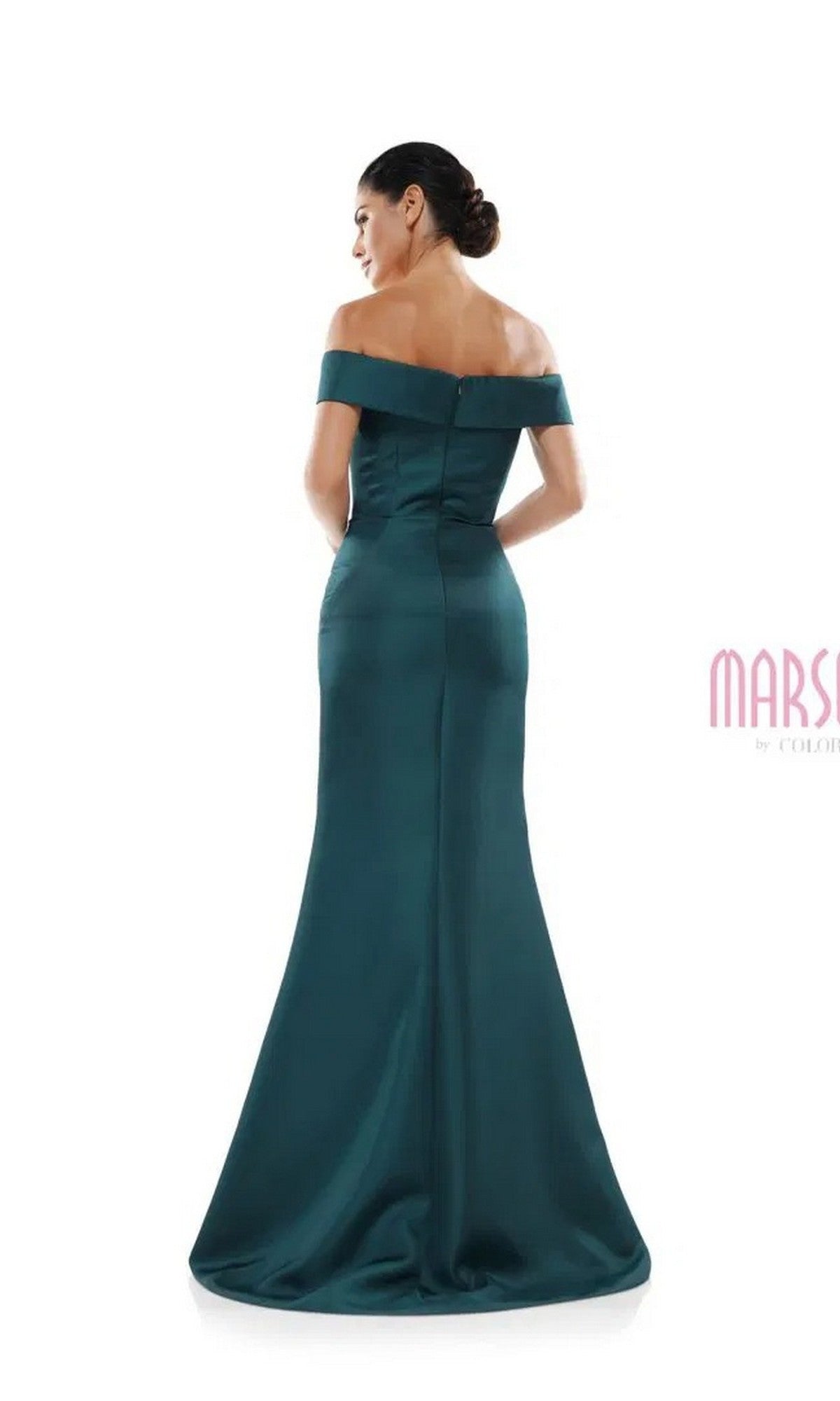 A woman models the Marsoni MV1003 long formal dress, an off-the-shoulder satin gown with a fitted bodice, flared skirt, and beaded floral embellishments, shown from the back against a white background.